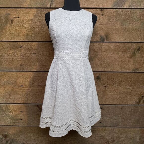 Calvin Klein Dresses & Skirts - Calvin Klein Dress Women's Size 2 White Eyelet Lace Fit Flare Sleeveless Cottage